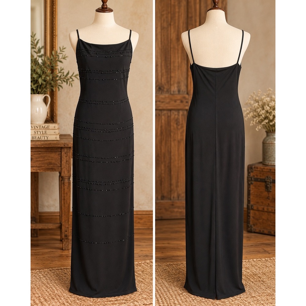 Vintage SCENE Black Beaded Maxi Dress Size 11/12 NWT 90s Y2K Evening Formal